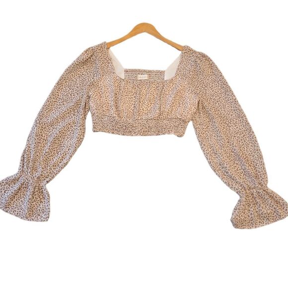 NWT Altar'd State Cream Mocha Animal Print Smocked Crop Ballon Longsleeve Top S - Picture 1 of 10